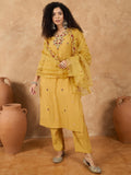 Varanga Women Kurta With Thread Embroidery, Complemented By Trousers And A Dupatta Featuring Detailed Thread Motifs And Refined Scalloped Edges
