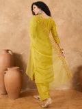 Varanga Women Kurta Embellished With Subtle Thread Embroidery, Complemented By Trousers And A Solid Dupatta Featuring Detailed Thread Motifs And Refined Scalloped Edges