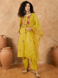 Varanga Women Kurta Embellished With Subtle Thread Embroidery, Complemented By Trousers And A Solid Dupatta Featuring Detailed Thread Motifs And Refined Scalloped Edges