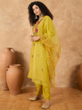 Varanga Women Kurta Embellished With Subtle Thread Embroidery, Complemented By Trousers And A Solid Dupatta Featuring Detailed Thread Motifs And Refined Scalloped Edges