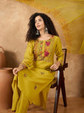 Varanga Women Kurta Embellished With Subtle Thread Embroidery, Complemented By Trousers And A Solid Dupatta Featuring Detailed Thread Motifs And Refined Scalloped Edges