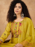 Varanga Women Kurta Embellished With Subtle Thread Embroidery, Complemented By Trousers And A Solid Dupatta Featuring Detailed Thread Motifs And Refined Scalloped Edges