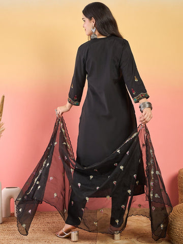 Varanga A Sophisticated Black Kurta Set Featuring Elegant Hand Embroidery, Ankle-Length Trousers, And A Embroidered Dupatta .