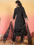 Varanga A Sophisticated Black Kurta Set Featuring Elegant Hand Embroidery, Ankle-Length Trousers, And A Embroidered Dupatta .