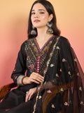 Varanga A Sophisticated Black Kurta Set Featuring Elegant Hand Embroidery, Ankle-Length Trousers, And A Embroidered Dupatta .