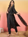 Varanga A Sophisticated Black Kurta Set Featuring Elegant Hand Embroidery, Ankle-Length Trousers, And A Embroidered Dupatta .