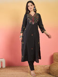 Varanga A Sophisticated Black Kurta Set Featuring Elegant Hand Embroidery, Ankle-Length Trousers, And A Embroidered Dupatta .