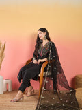 Varanga A Sophisticated Black Kurta Set Featuring Elegant Hand Embroidery, Ankle-Length Trousers, And A Embroidered Dupatta .
