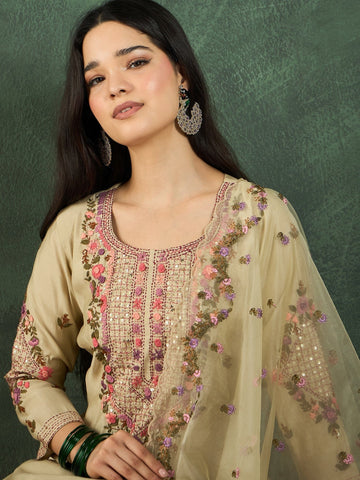 Varanga Kurta Set Featuring Hand Embroidery Yoke Paired With Trousers And Embroidered Dupatta.