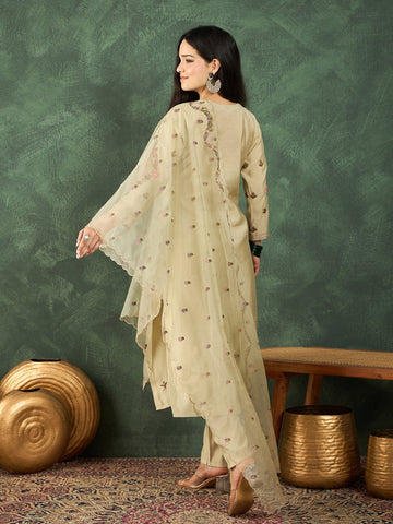 Varanga Kurta Set Featuring Hand Embroidery Yoke Paired With Trousers And Embroidered Dupatta.
