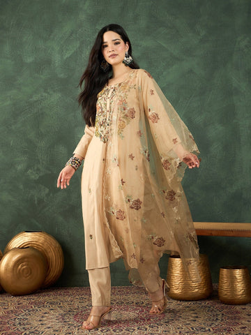 Varanga Kurta Set Featuring Hand Embroidery Yoke Paired With Trousers And Embroidered Dupatta.