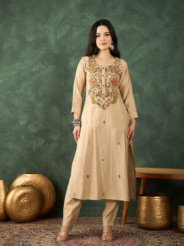 Varanga Kurta Set Featuring Hand Embroidery Yoke Paired With Trousers And Embroidered Dupatta.