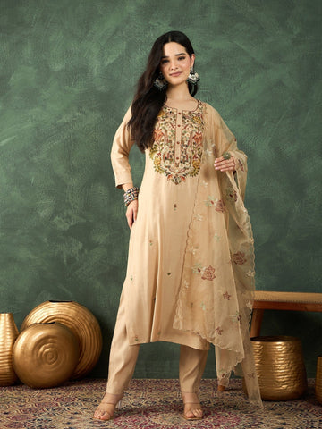 Varanga Kurta Set Featuring Hand Embroidery Yoke Paired With Trousers And Embroidered Dupatta.