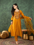 Varanga Hand-Embroidered Kurta Paired With Solid Ankle-Length Trousers And An Intricately Detailed Dupatta