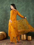 Varanga Hand-Embroidered Kurta Paired With Solid Ankle-Length Trousers And An Intricately Detailed Dupatta