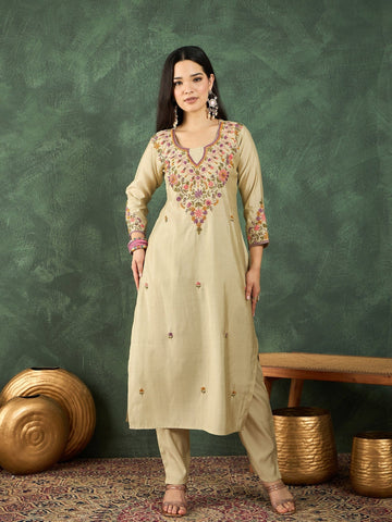 Varanga Hand-Embroidered Kurta Paired With Solid Ankle-Length Trousers And Dupatta