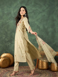 Varanga Hand-Embroidered Kurta Paired With Solid Ankle-Length Trousers And Dupatta