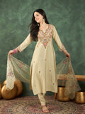 Varanga Hand-Embroidered Kurta Paired With Solid Ankle-Length Trousers And Dupatta