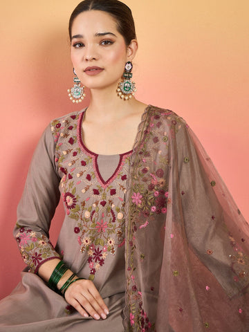 Varanga Hand-Embroidered Kurta Paired With Solid Ankle-Length Trousers And Dupatta