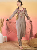 Varanga Hand-Embroidered Kurta Paired With Solid Ankle-Length Trousers And Dupatta