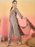 Varanga Hand-Embroidered Kurta Paired With Solid Ankle-Length Trousers And Dupatta