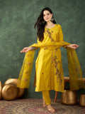 Varanga Hand-Embroidered Kurta Paired With Solid Ankle-Length Trousers And Dupatta