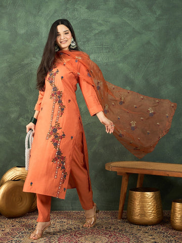 Varanga Hand-Embroidered Kurta Paired With Solid Ankle-Length Trousers And Dupatta