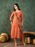 Varanga Hand-Embroidered Kurta Paired With Solid Ankle-Length Trousers And Dupatta