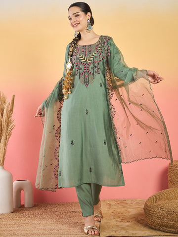 Varanga Hand-Embroidered Kurta Paired With Solid Ankle-Length Trousers And Embroidered Dupatta