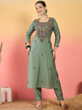 Varanga Hand-Embroidered Kurta Paired With Solid Ankle-Length Trousers And Embroidered Dupatta