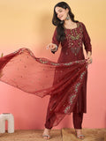 Varanga Hand-Embroidered Kurta Paired With Solid Ankle-Length Trousers And Embroidered Dupatta