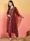 Varanga Hand-Embroidered Kurta Paired With Solid Ankle-Length Trousers And Embroidered Dupatta