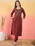 Varanga Hand-Embroidered Kurta Paired With Solid Ankle-Length Trousers And Embroidered Dupatta