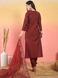 Varanga Hand-Embroidered Kurta Paired With Solid Ankle-Length Trousers And Embroidered Dupatta