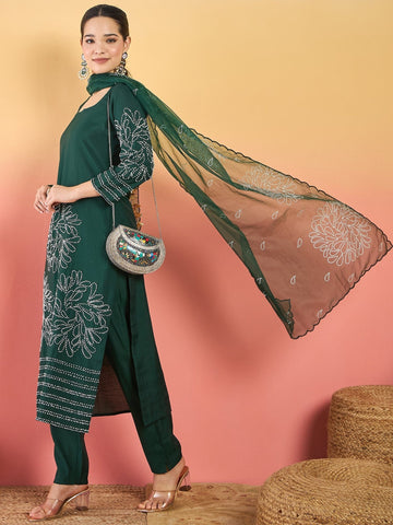 Varanga Hand-Embroidered Kurta Paired With Solid Ankle-Length Trousers And Embroidered Dupatta