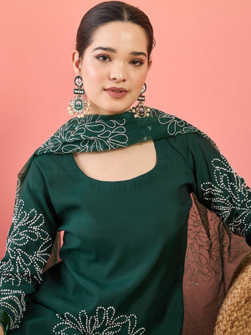 Varanga Hand-Embroidered Kurta Paired With Solid Ankle-Length Trousers And Embroidered Dupatta