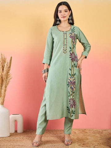 Varanga Hand-Embroidered Kurta With Bullion Knot And Brush-Painted Detailing, Paired With Trousers And Embroidered Dupatta.
