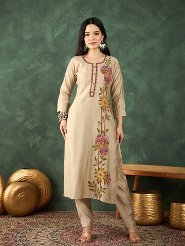 Varanga Hand-Embroidered Kurta With Bullion Knot And Brush-Painted Detailing, Paired With Trousers And Embroidered Dupatta.