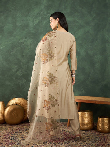 Varanga Hand-Embroidered Kurta With Bullion Knot And Brush-Painted Detailing, Paired With Trousers And Embroidered Dupatta.