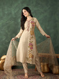 Varanga Hand-Embroidered Kurta With Bullion Knot And Brush-Painted Detailing, Paired With Trousers And Embroidered Dupatta.