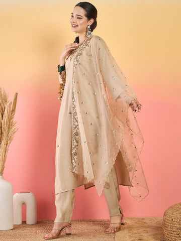 Varanga Kurta Set Featuring Stone And Bead Embroidery, Paired With Ankle-Length Trousers And  Embroidered Dupatta.
