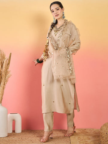 Varanga Kurta Set Featuring Stone And Bead Embroidery, Paired With Ankle-Length Trousers And  Embroidered Dupatta.