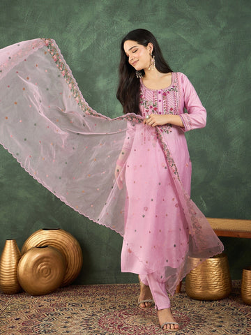 Varanga Pink Kurta Set With Hand Embroidery Yoke, Paired With Trousers And Embroidered Dupatta.