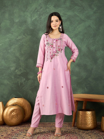 Varanga Pink Kurta Set With Hand Embroidery Yoke, Paired With Trousers And Embroidered Dupatta.