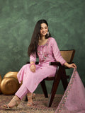 Varanga Pink Kurta Set With Hand Embroidery Yoke, Paired With Trousers And Embroidered Dupatta.