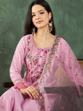 Varanga Pink Kurta Set With Hand Embroidery Yoke, Paired With Trousers And Embroidered Dupatta.