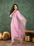 Varanga Pink Kurta Set With Hand Embroidery Yoke, Paired With Trousers And Embroidered Dupatta.