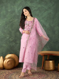 Varanga Pink Kurta Set With Hand Embroidery Yoke, Paired With Trousers And Embroidered Dupatta.