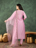 Varanga Pink Kurta Set With Hand Embroidery Yoke, Paired With Trousers And Embroidered Dupatta.