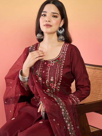 Varanga Kurta Set With Hand Embroidery Yoke, Paired With Trousers And Embroidered Dupatta.